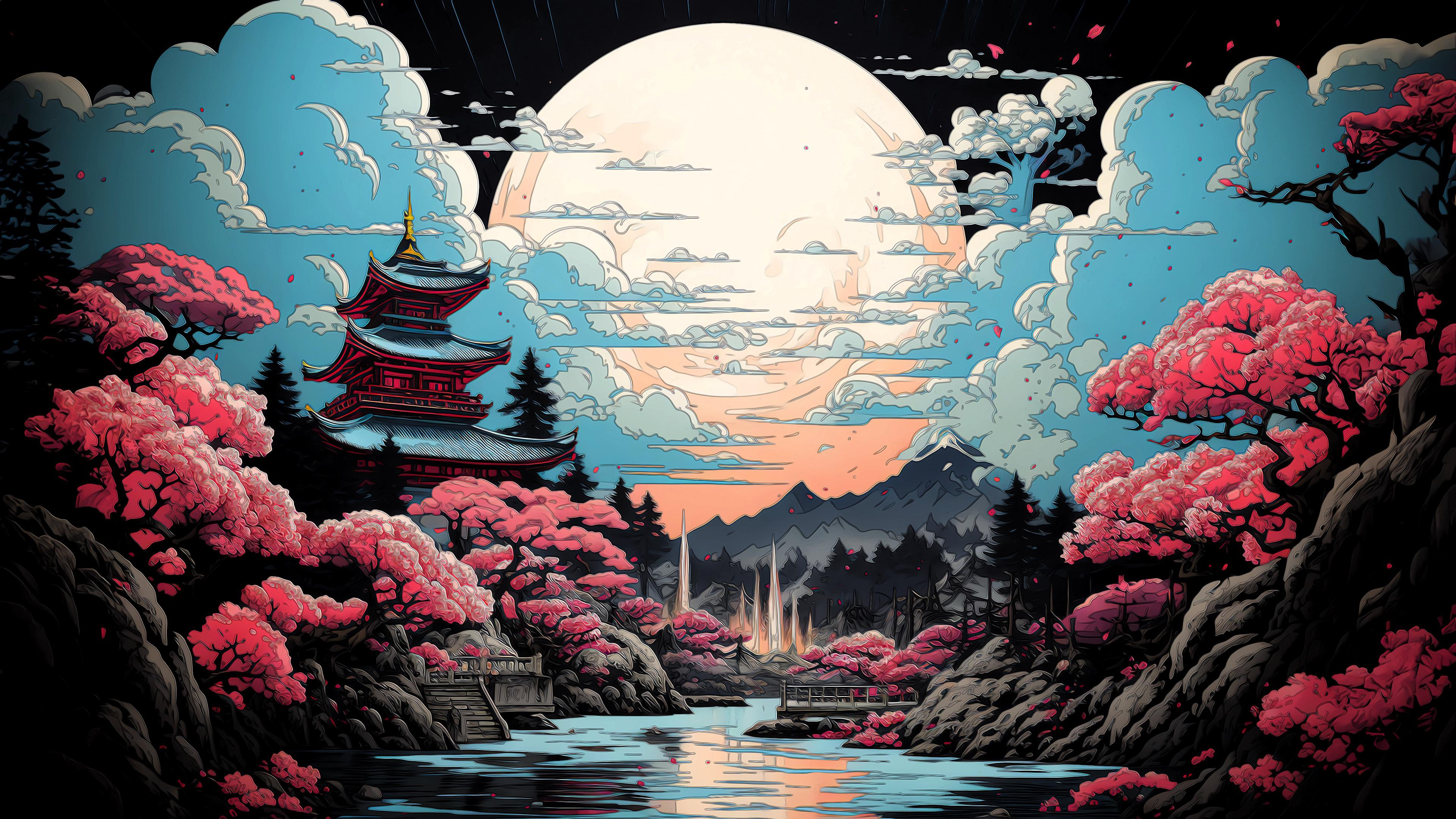 Moonlight, cherry blossoms and a quiet mountain stream.