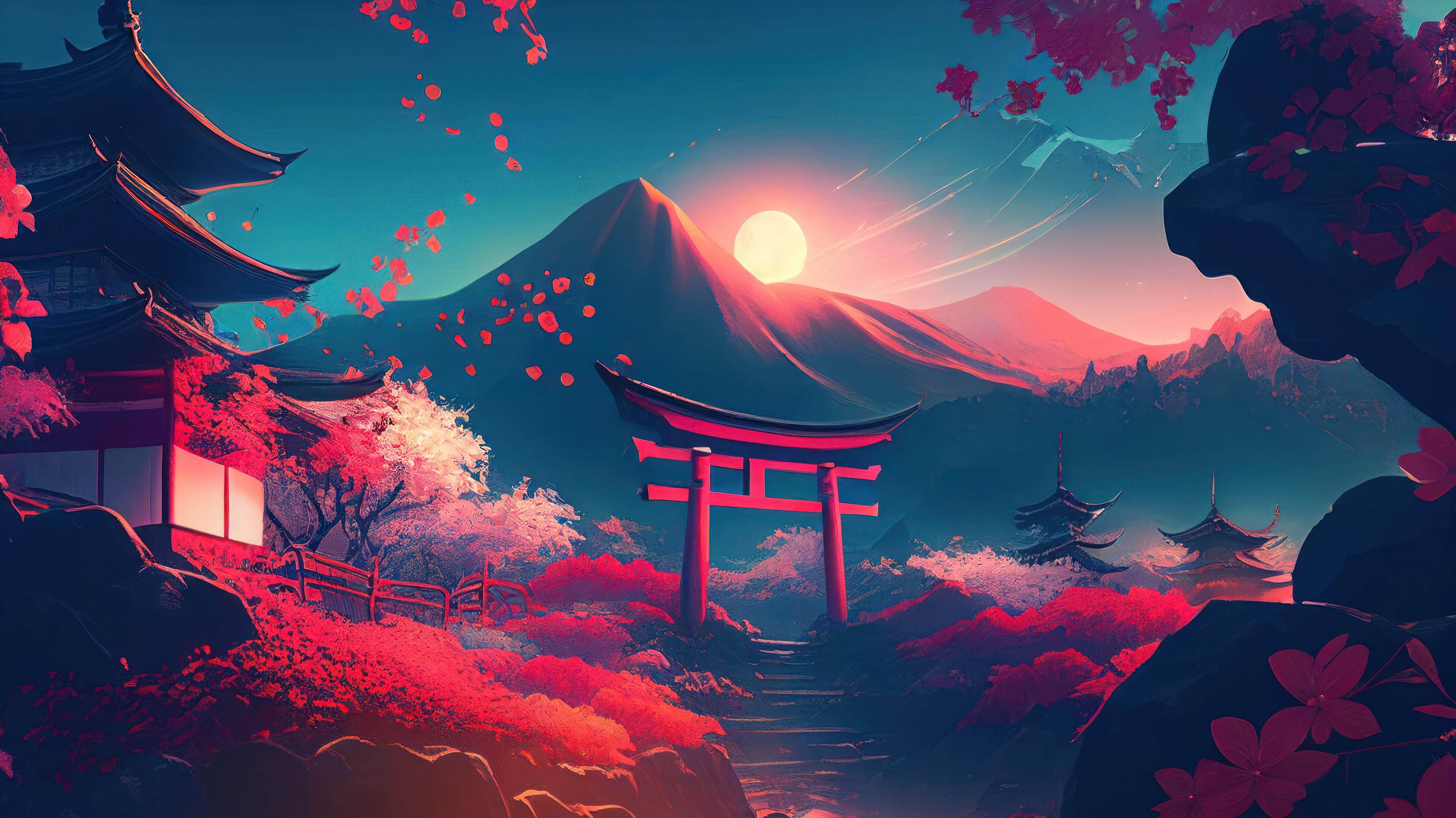 Warm light over a mountain path and flowering trees.