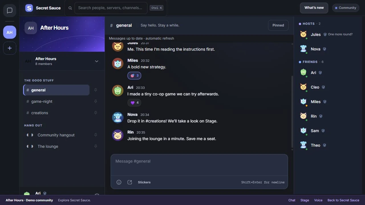 Secret Sauce chat with demo community members in the After Hours demo server