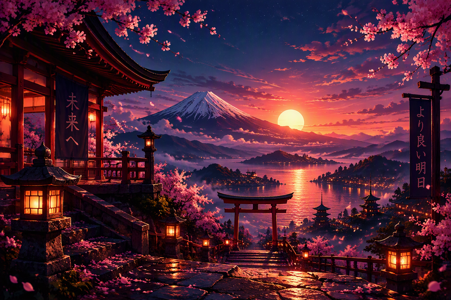 neon pink blossoms, Japanese-inspired architecture, dramatic mountain scenery, cinematic lighting, and a vibrant anime-style colour palette.